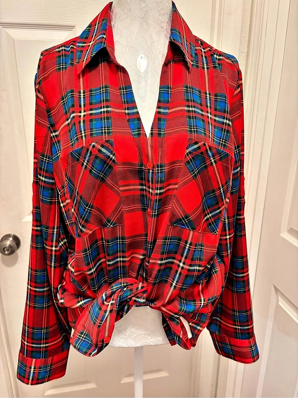 Express Plaid Button Down Shirt in Red & Blue Size XL